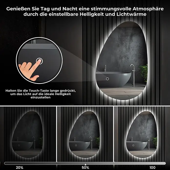 Lumoire Lichtspiegel AURA -  - Ein beleuchteter Badezimmerspiegel mit einstellbarer Helligkeit über einen Touch-Sensor, gezeigt bei 20 %, 50 % und 100 % Lichtintensität.
