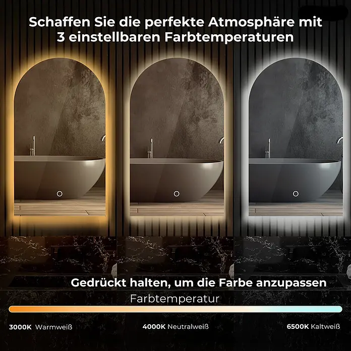Lumoire Lichtspiegel SERENITY -  - Gewölbter Badezimmerspiegel mit 3 einstellbaren Lichtfarbtemperaturen: warm, neutral und kaltweiß, in modernem Badambiente.