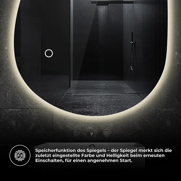 Lumoire Lichtspiegel AURA -  - Ovaler Badspiegel mit Hintergrundbeleuchtung, reflektiert eine dunkle Dusche. Merkt sich Farbe und Helligkeit.