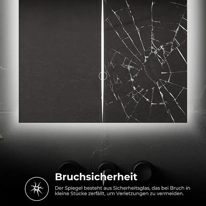 Lumoire Lichtspiegel SERENITY -  - Sicherheitsglas-Spiegel, intakt links und zerbrochen rechts, zeigt bruchsichere Eigenschaft.