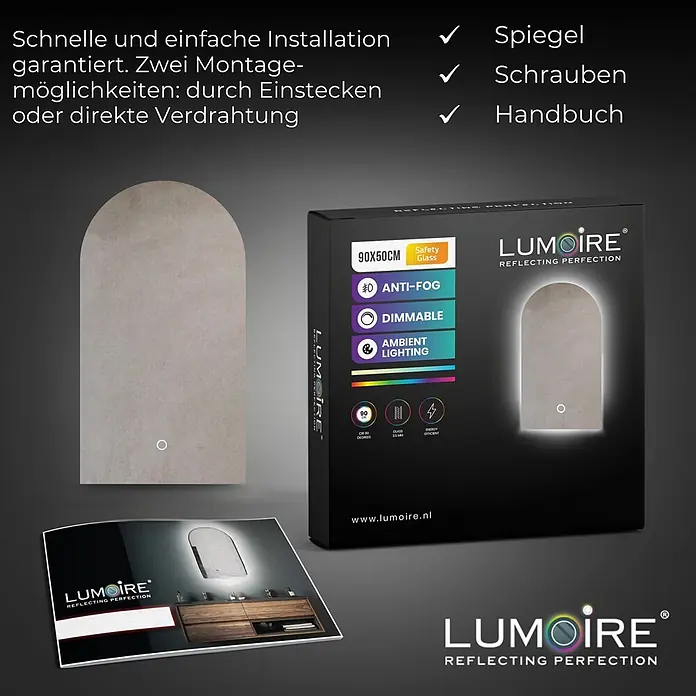 Lumoire Lichtspiegel SERENITY -  - Gewölbter LED-Spiegel mit Antibeschlag- und Dimmfunktionen, dargestellt mit schwarzer Verpackung und einer Produktbroschüre.