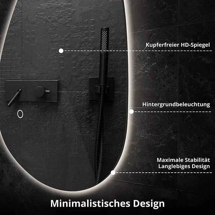Lumoire Lichtspiegel AURA -  - Runder, beleuchteter LED-Spiegel, der eine schwarze Dusche in einem dunklen Badezimmer mit Fliesen reflektiert.