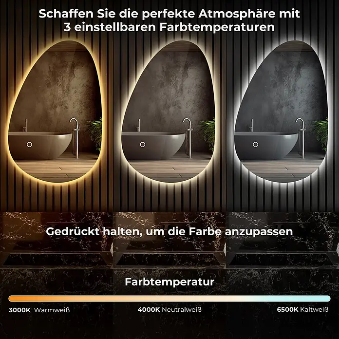 Lumoire Lichtspiegel AURA -  - Badezimmerspiegel, der drei einstellbare Farbtemperaturen (3000K Warmweiß, 4000K Neutralweiß, 6500K Kaltweiß) demonstriert.