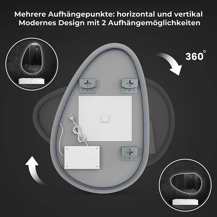 Lumoire Lichtspiegel AURA -  - Rückseite eines LED-Spiegels mit flexiblen Halterungen für horizontale/vertikale Montage und Elektroanschlüssen.