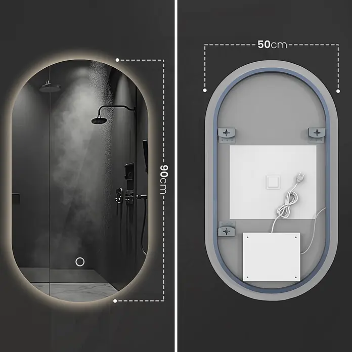 Lumoire Lichtspiegel LUX - 50 x 90 cm - Ovaler LED-Hintergrundbeleuchtungsspiegel (90x50cm) mit Antibeschlagfunktion, im Badezimmer und von hinten mit Elektroanschlüssen gezeigt.