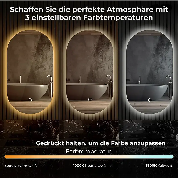 Lumoire Lichtspiegel LUX - 50 x 90 cm - Spiegel mit 3 einstellbaren Farbtemperaturen (Warmweiß, Neutralweiß, Kaltweiß) für die perfekte Atmosphäre im Badezimmer.