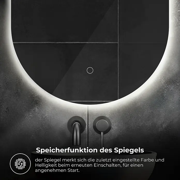Lumoire Lichtspiegel LUX - 50 x 90 cm - Beleuchteter Rundspiegel mit Touch-Steuerung, dunkler Armatur und Waschbecken.