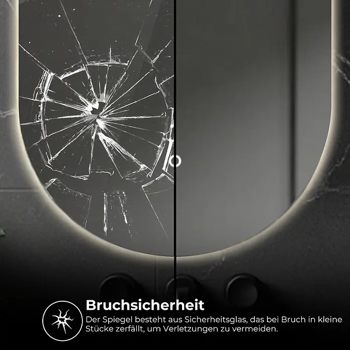 Lumoire Lichtspiegel LUX - 50 x 90 cm - Sicherheitsglas-Spiegel-Demonstration: auf einer Seite in kleine, harmlose Stücke zersprungen, auf der anderen intakt.