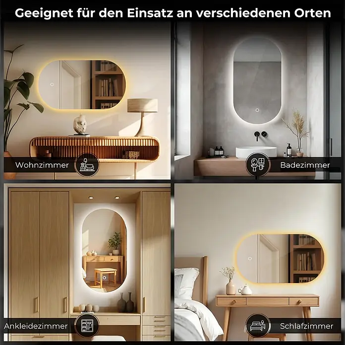 Lumoire Lichtspiegel LUX - 50 x 90 cm - Vielseitiger ovaler LED-Spiegel, hinterleuchtet und in Wohn-, Bade-, Ankleide- und Schlafzimmern gezeigt.