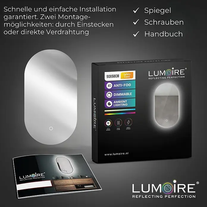 Lumoire Lichtspiegel LUX - 50 x 90 cm - Ein 90x50cm gewölbter LED-Spiegel mit Antibeschlag, Dimmfunktion und Ambientebeleuchtung, gezeigt mit Verpackung und Broschüre.