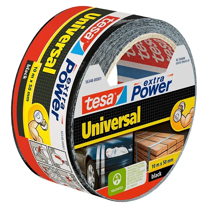 Tesa Extra Power Folienband Universal - Schwarz, 10 m x 50 mm - Schwarze tesa extra Power Universal Gewebebandrolle, 10m x 50mm, mit Produktetikett.