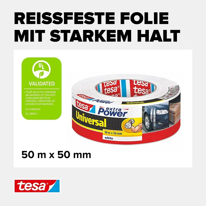 Tesa Extra Power Folienband Universal - Weiß, 50 m x 50 mm - Weiße tesa Power Universal Klebebandrolle, 50m x 50mm, reißfest, mit starkem Halt und validiert für recycelten Inhalt.