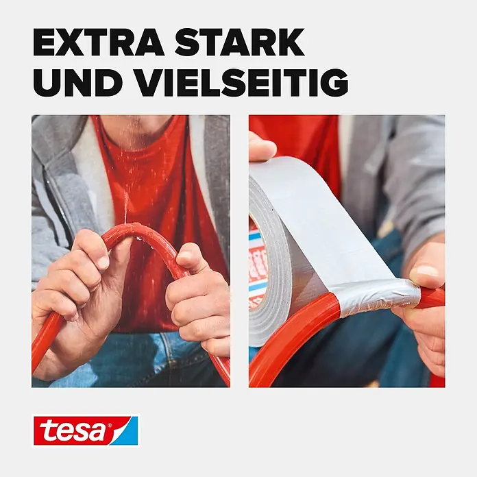 Tesa Extra Power Folienband Universal - Weiß, 50 m x 50 mm - Silbernes tesa-Gewebeband wird zur Reparatur eines undichten roten Schlauchs verwendet, was seine extra starke und vielseitige Anwendung zeigt.