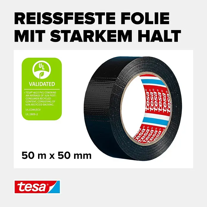 Tesa Extra Power Folienband Universal - Schwarz, 50 m x 50 mm - Rolle schwarzes tesa Klebeband, 50 m x 50 mm, reißfest mit starkem Halt.