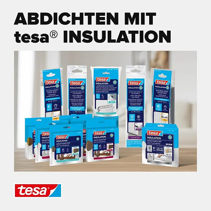 Tesa INSULATION Türdichtschiene für glatte Böden - Weiß, 1 m x 37 mm, Geeignet für: Spaltenbreiten bis 12 mm - Verschiedene tesa® INSULATION Dichtungsbänder, Türdichtungen und Isolierfolien in Verpackung, zum Abdichten von Spalten.