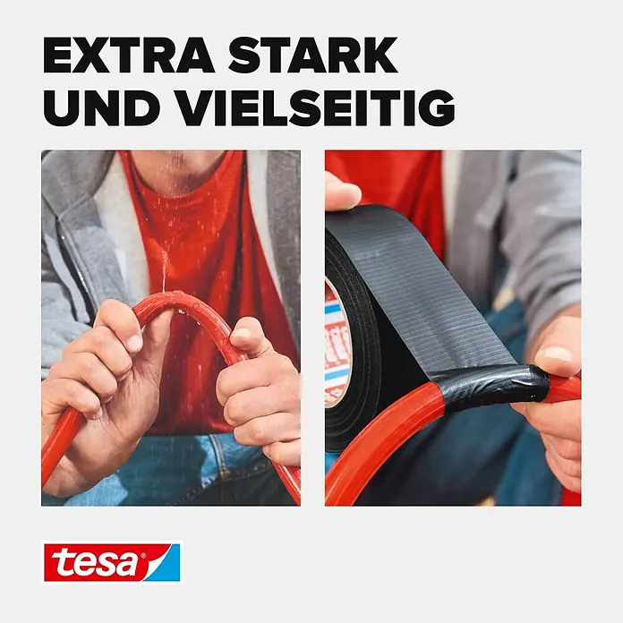 Tesa Extra Power Folienband Universal - Schwarz, 50 m x 50 mm - Schwarzes Tesa-Gewebeband wird zur Reparatur eines undichten roten Gartenschlauchs angelegt, was seine extra starke und vielseitige Anwendung zeigt.