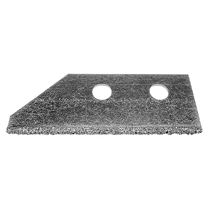 Heka Ersatzblatt für Fugenreiniger - 3 Stk., Hartmetall - Detailaufnahme einer trapezförmigen Klinge, ideal für Schneidarbeiten, mit zwei runden Befestigungslöchern.