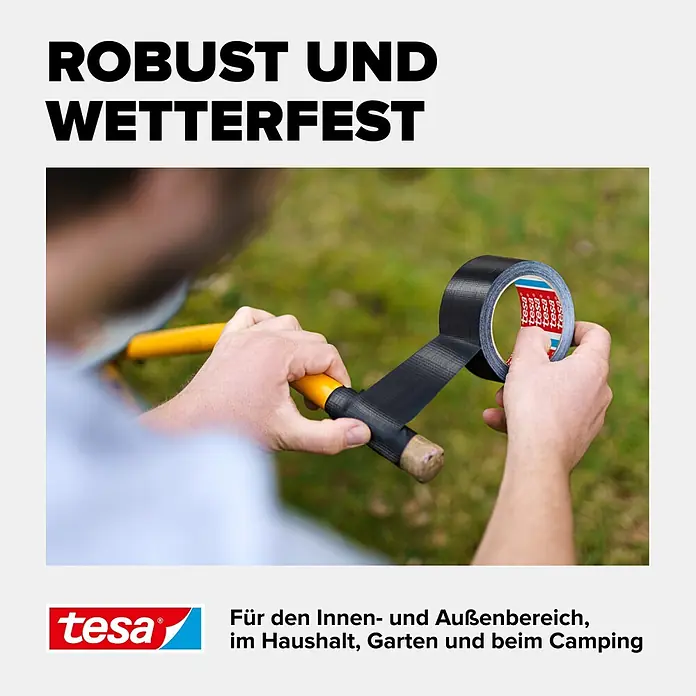 Tesa Extra Power Folienband Universal - Schwarz, 50 m x 50 mm - Eine Person repariert einen gelben Werkzeuggriff mit schwarzem tesa Gewebeband. Das robuste, wetterfeste Klebeband ist für innen, außen, Haushalt, Garten und Camping geeignet.