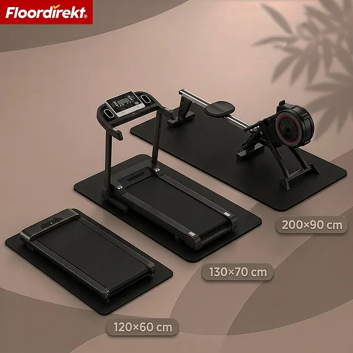 Floordirekt Fußbodenschutzmatte Sparta - Für Fitnessgeräte - 130 x 70 cm, Schwarz, Kunststoff - Drei schwarze Fitnessmatten unter Laufbändern und einem Rudergerät, Maße 120x60 cm, 130x70 cm und 200x90 cm.