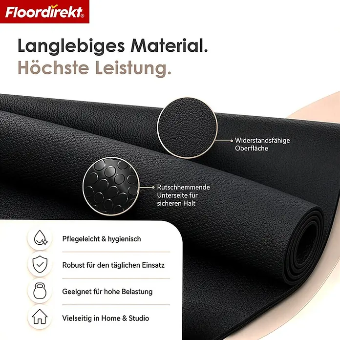 Floordirekt Fußbodenschutzmatte Sparta - Für Fitnessgeräte - 130 x 70 cm, Schwarz, Kunststoff - Schwarze, texturierte Bodenmatte mit rutschhemmender Unterseite, für hohe Beanspruchung und vielseitigen Einsatz konzipiert.