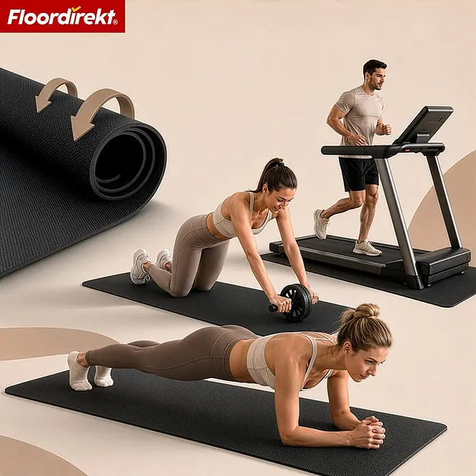 Floordirekt Fußbodenschutzmatte Sparta - Für Fitnessgeräte - 130 x 70 cm, Schwarz, Kunststoff - Schwarze Übungsmatte, genutzt für Heimtraining, Bauchroller, Planking und als Laufbandunterlage.