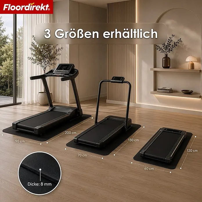 Floordirekt Fußbodenschutzmatte Sparta - Für Fitnessgeräte - 130 x 70 cm, Schwarz, Kunststoff - Drei schwarze 8mm dicke Schutzmatten für Fitnessgeräte, erhältlich in den Größen 200x90cm, 130x70cm und 120x60cm.