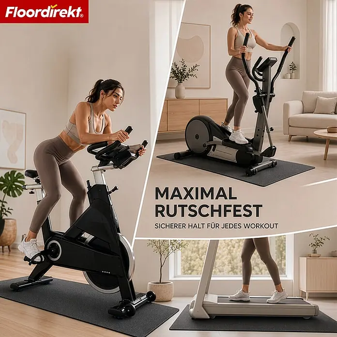 Floordirekt Fußbodenschutzmatte Sparta - Für Fitnessgeräte - 130 x 70 cm, Schwarz, Kunststoff - Dunkelgraue Antirutschmatten unter Fitnessgeräten (Rad, Ellipsentrainer, Laufband) für sichere Workouts und Bodenschutz.