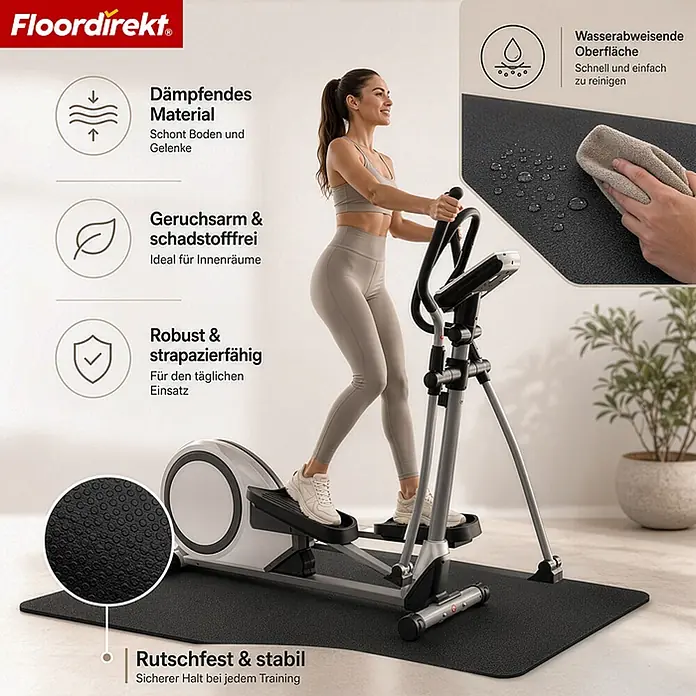 Floordirekt Fußbodenschutzmatte Sparta - Für Fitnessgeräte - 130 x 70 cm, Schwarz, Kunststoff - Schwarze Bodenschutzmatte unter einem Ellipsentrainer, bietet Bodenschutz und Stabilität für eine trainierende Frau.