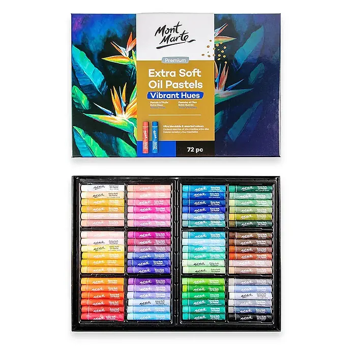 Mont Marte Ölpastellkreiden-Set Extra Soft, Vibrant Hues, Premium - Bunt - Mont Marte 72-teiliges Extra Soft Ölpastell-Set in einer Box mit leuchtenden Farben, die Pastelle im Fach zeigen.