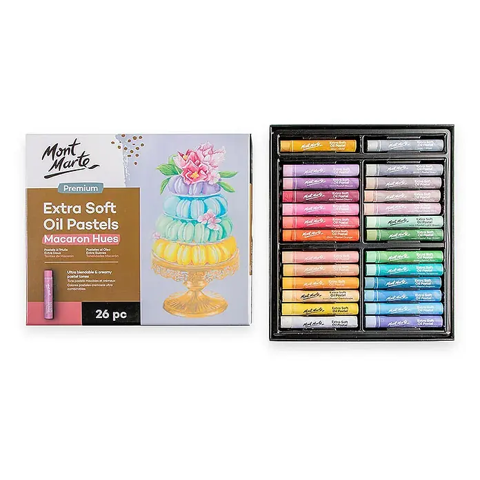 Mont Marte Ölpastellkreiden-Set Extra Soft, Macaron Hues, Premium - Bunt - Mont Marte 26er Extra Soft Ölpastelle Macaron Hues Set in Schachtel mit Kunst und offener Ablage mit Pastellstiften.