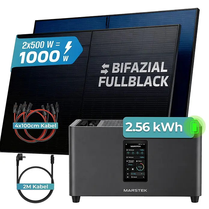 Sunniva Balkonkraftwerk-Set 1000 / 800 Watt mit Marstek Jupiter C Plus 2.56 kWh Speicher - Nennleistung: 800 W - Solaranlage mit 2x 500W bifazialen Fullblack-Solarmodulen und 2.56 kWh Marstek Powerstation, inklusive Kabel.