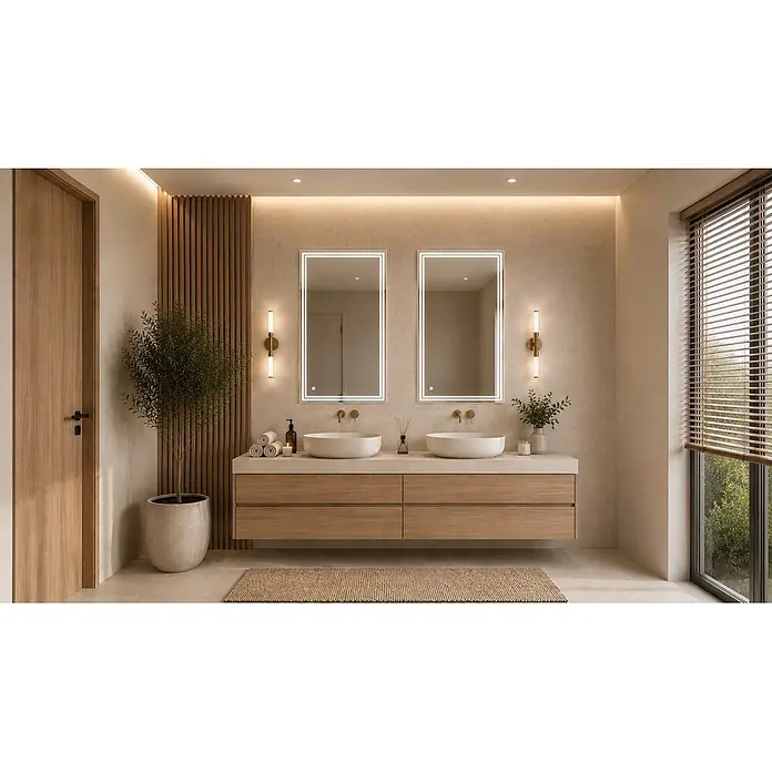 Cordia Lichtspiegel - 65 x 100 cm, Silber - Modernes Badezimmer mit hellem Holzdoppelwaschtisch, zwei weißen Becken und zwei rechteckigen, hinterleuchteten Spiegeln.