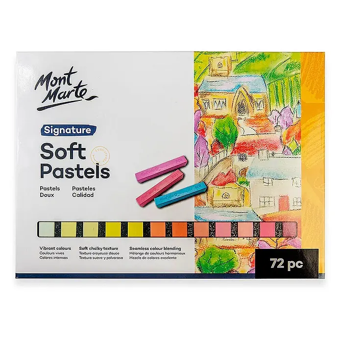 Mont Marte Pastellkreiden-Set Signature - Bunt - Mont Marte Signature 72er-Set Softpastellkreiden in einer Schachtel, mit Farbpalette, drei Pastellstiften und einer lebhaften Zeichnung.