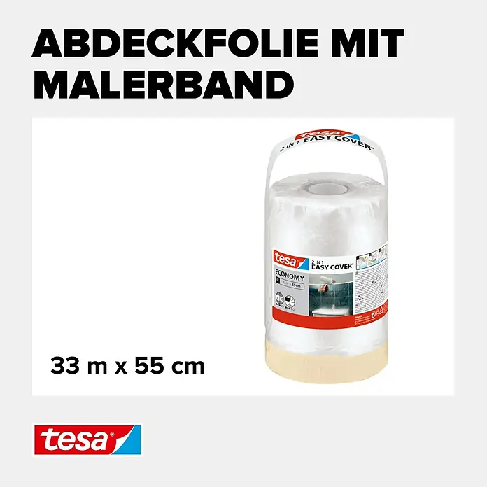 Tesa Abdeckfolie Easy Cover Economy - L x B: 33 m x 55 cm - Tesa 2-in-1 Easy Cover transparente Abdeckfolie mit Malerband, 33 m x 55 cm.