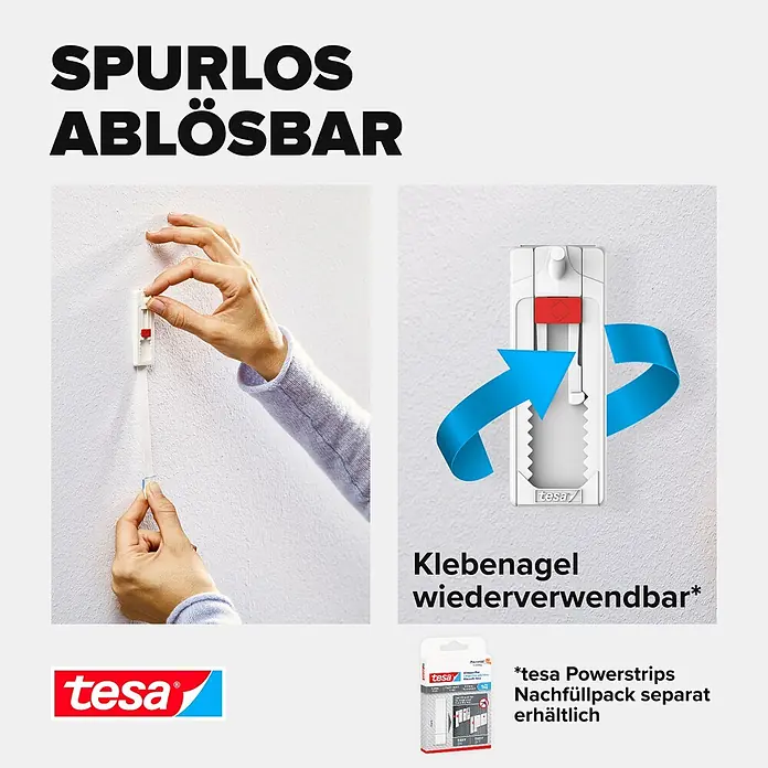 Tesa Verstellbarer Klebenagel - Geeignet für: Tapeten, Belastbarkeit: 1 kg, Weiß, 4 Stk. - Weißer tesa Klebenagel wird von der Wand entfernt, zeigt spurloses Ablösen und Wiederverwendbarkeit mit Powerstrip-Nachfüllpack.