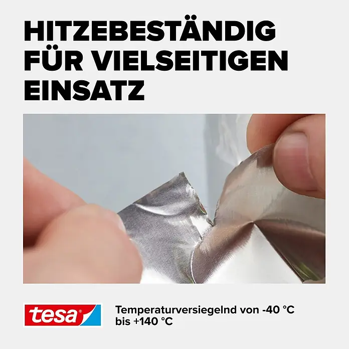 Tesa Aluminiumband - Silber, 10 m x 50 mm - Hände ziehen flexible, silberne, hitzebeständige Metallfolie ab, temperaturversiegelnd von -40°C bis +140°C.