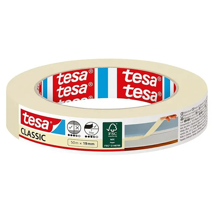 Tesa Classic Maler-Kreppband - 50 m x 19 mm - tesa CLASSIC beiges Kreppband Rolle, 50m x 19mm. 7 Tage rückstandsfrei entfernbar, FSC-zertifiziertes Papier.