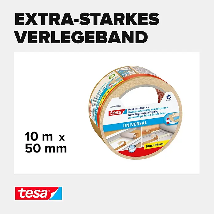 Tesa Doppelseitiges Klebeband Universal - 10 m x 50 mm - Beiges tesa extra-starkes doppelseitiges Verlegeband, 10m x 50mm.