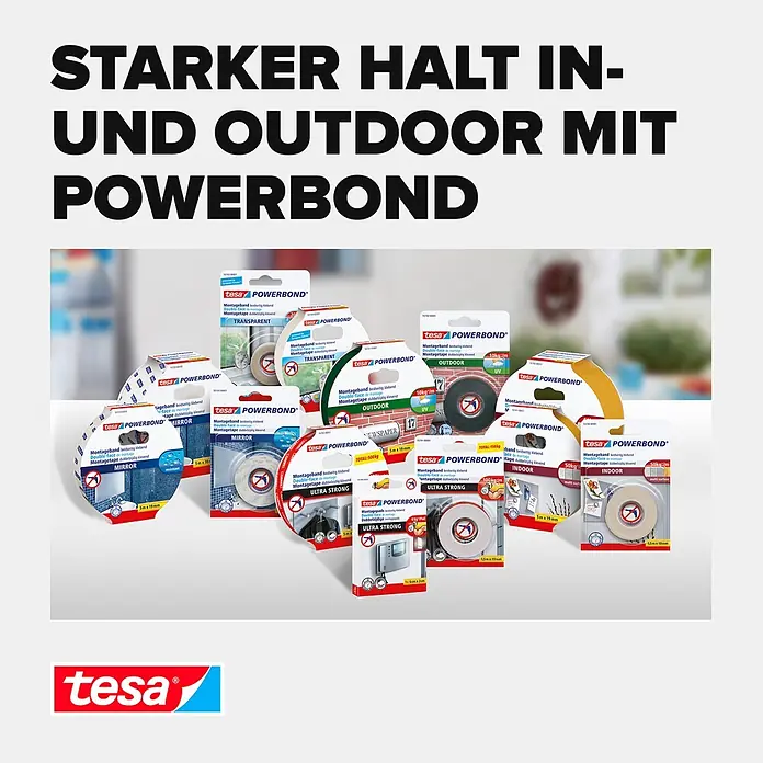 Tesa Powerbond Montageband - 2 Stk., L x B: 5 m x 9 mm - Sortiment tesa POWERBOND doppelseitiger Montagebänder und Pads für starken Halt, innen und außen.