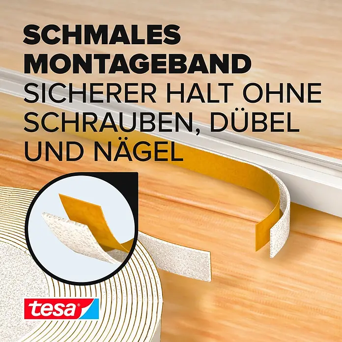 Tesa Powerbond Montageband - 2 Stk., L x B: 5 m x 9 mm - Schmales, weißes tesa Montageband mit gelbem Schutzfilm, zur schraubenlosen Befestigung eines Kabelkanals auf Holz.