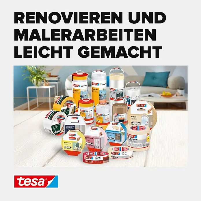 Tesa Classic Maler-Kreppband - 50 m x 19 mm - Eine Auswahl an tesa Abdeckbändern und Malerprodukten für Renovierungs- und Malerarbeiten, auf einem Holztisch in einer Wohnumgebung.