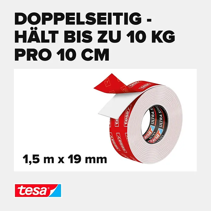Tesa Powerbond Montageband Ultra Strong - 1,5 m x 19 mm - Rolle tesa doppelseitiges Montageband, weiß mit roter Folie. Hält bis 10 kg pro 10 cm, 1,5 m x 19 mm.
