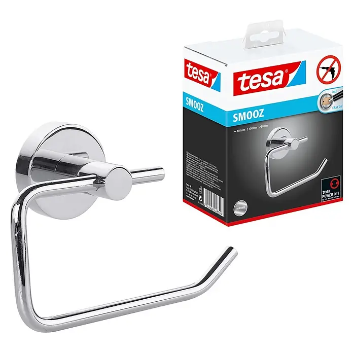 Tesa Smooz Toilettenpapierhalter - Ohne Deckel, Chrom, Glänzend - Verchromter Tesa SMOOZ Toilettenpapierhalter mit Verpackung, weist auf bohrfreie Montage hin.