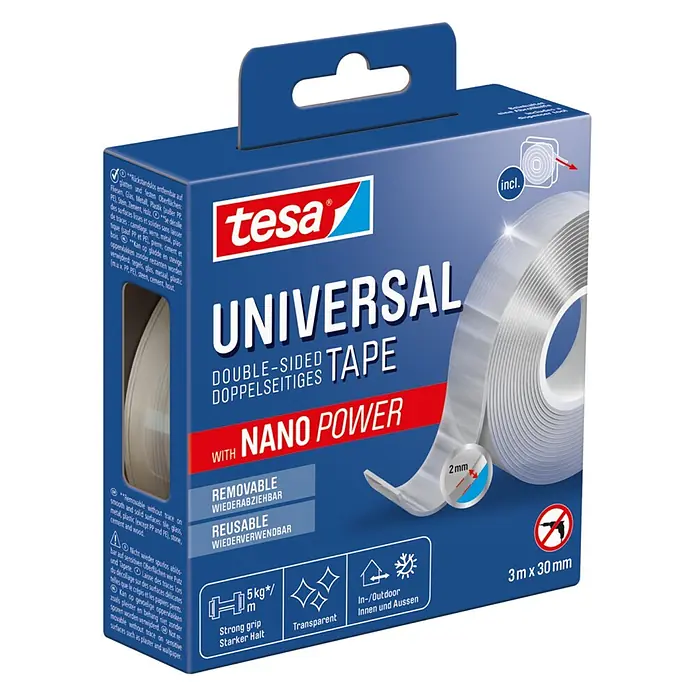 Tesa Doppelseitiges Klebeband Universal Tape with Nano Power - 3 m x 30 mm - tesa Universal Nano Power transparentes doppelseitiges Klebeband, 3m x 30mm, wiederabziehbar, wiederverwendbar, starker Halt in blauer Packung.