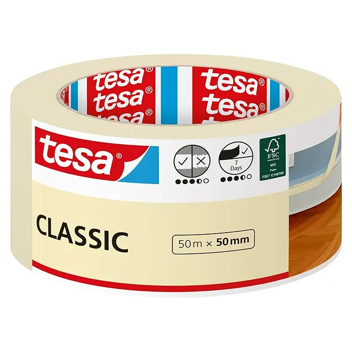 Tesa Classic Maler-Kreppband - 50 m x 50 mm - Tesa Classic Abdeckband, 50m x 50mm, beige, mit Logos und Funktionssymbolen.