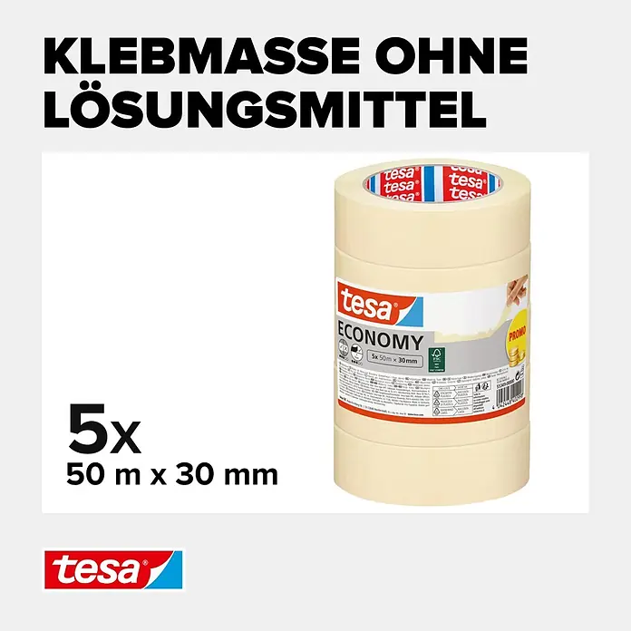 Tesa Malerband Economy PROMO - 5 Stk., 50 m x 30 mm - Fünf Rollen tesa Economy beiges Abdeckband, je 50m x 30mm, für Malerarbeiten und Heimwerken.
