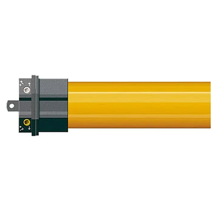 Schellenberg Motor tubular Maxi Standard - Superficie de persiana enrollable máx.: 6,2 m² para persianas de plástico, Longitud de instalación: 500 mm, Fuerza de tracción: 25 kg - Vista detallada de un cajón de persiana enrollable amarillo con mecánica precisa, ideal para diseño moderno de ventanas y protección solar.