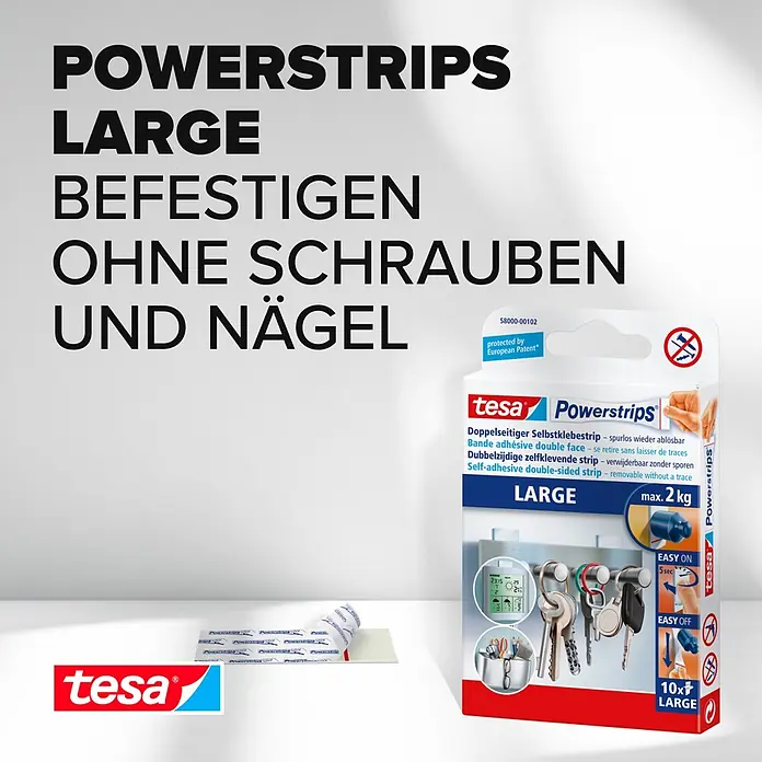 Tesa Powerstrips Selbstklebestrip Large - 10 Stk. - Tesa Powerstrips LARGE Packung: doppelseitige Klebestreifen zum Befestigen bis 2 kg ohne Nägel/Schrauben, spurlos entfernbar. Enthält 10 Streifen.