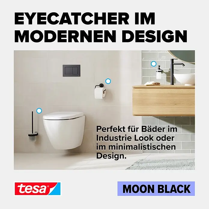 Tesa Moon WC-Bürstengarnitur - Mit Halterung, Metall, Schwarz - Moon Black Badaccessoires (Toilettenbürste, Papierhalter, Seifenspender) in einem modernen Bad.