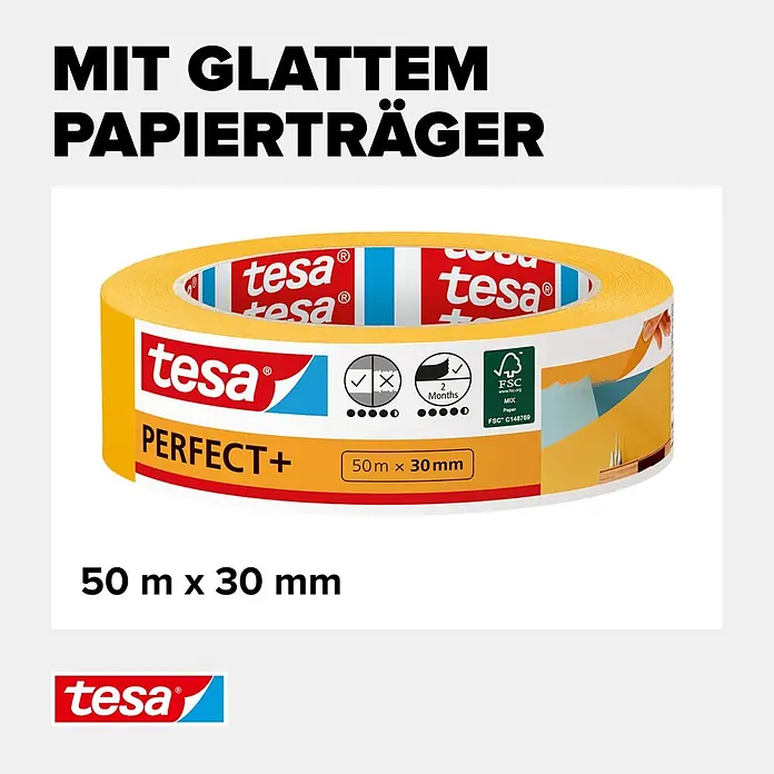 Tesa Malerband Perfect+ - 50 m x 30 mm - Gelbe tesa PERFECT+ Abdeckbandrolle, 50 m x 30 mm, mit glattem Papierträger und FSC-Zertifizierung.